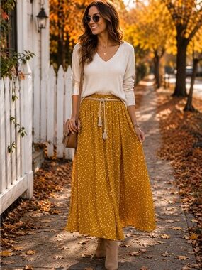 NWT $119 polka dot skirt NAF NAF Paris yellow maxi rope tassel belt fall FLAWS